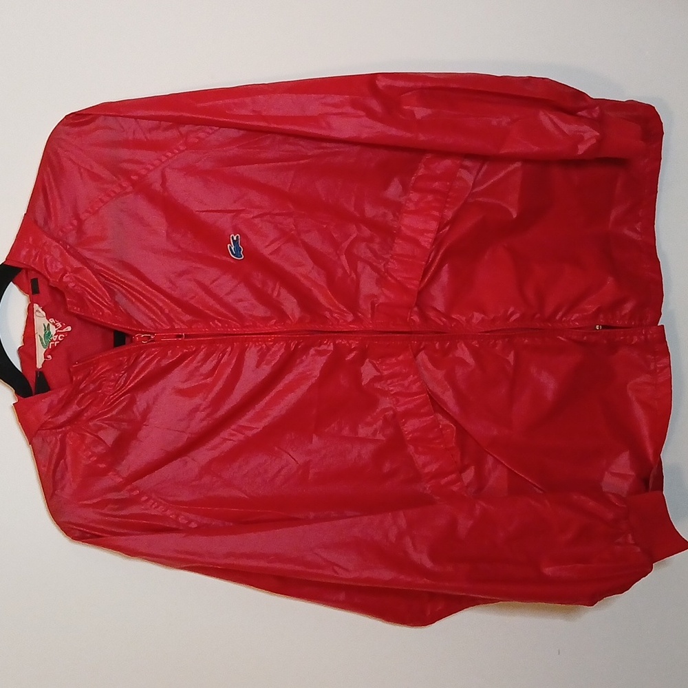 VINTAGE Alligator Lacoste Jacket Mens Red Nylon Zip FrontRain Windbreaker Hood